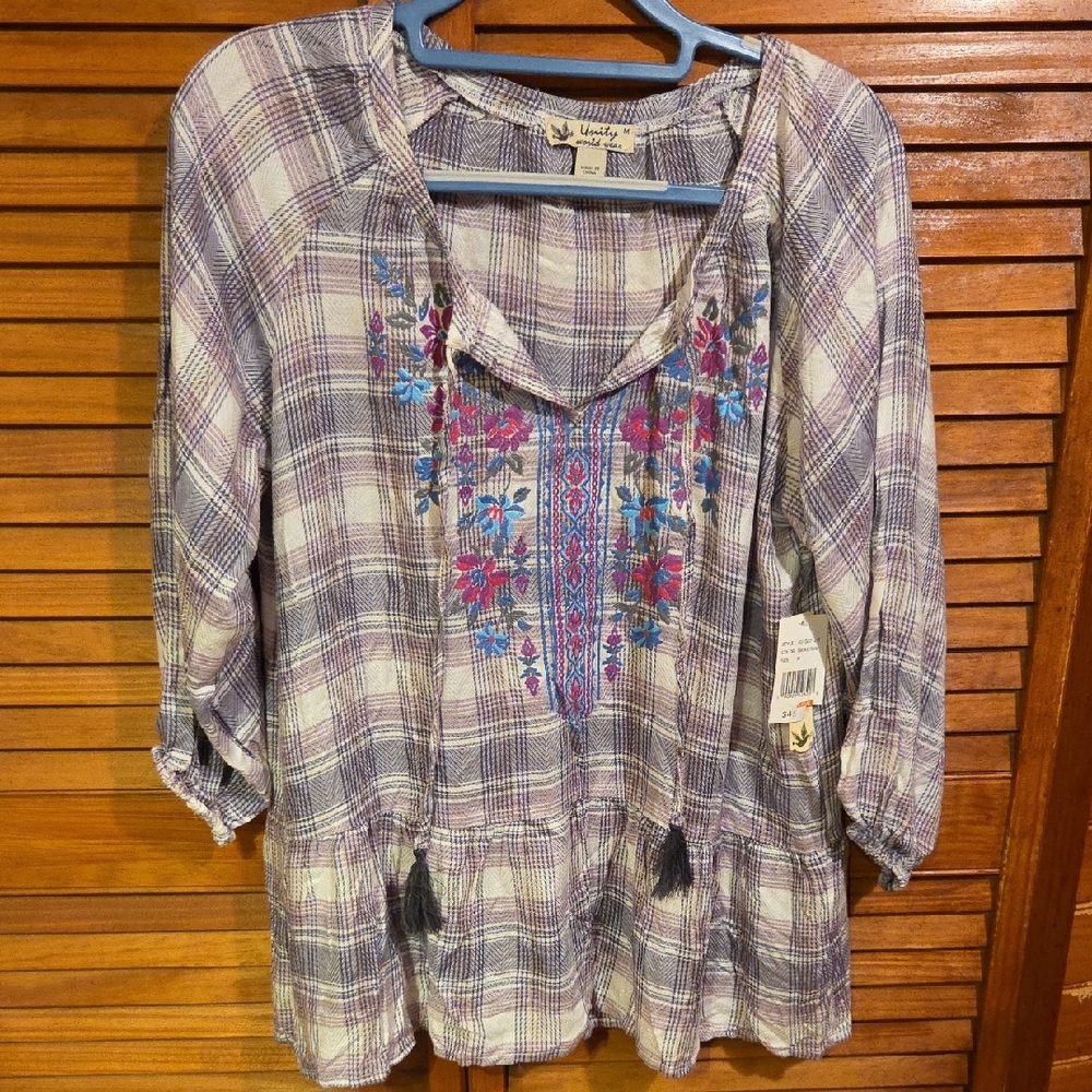 Unity World Wear Women's Peasant Style Blouse with Embroidery - Purple and Pink